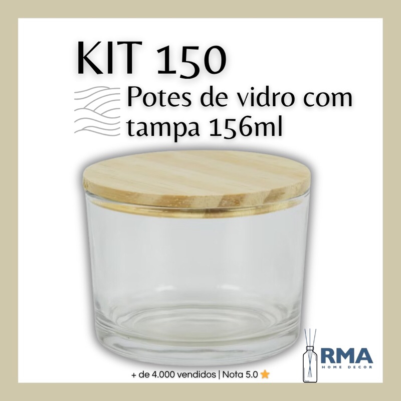 Kit 150 Potes Copo de Vidro Patê 156ml c/ Tampa Madeira Vela aromatica artesanal Temperos Castiçal Sobremesa