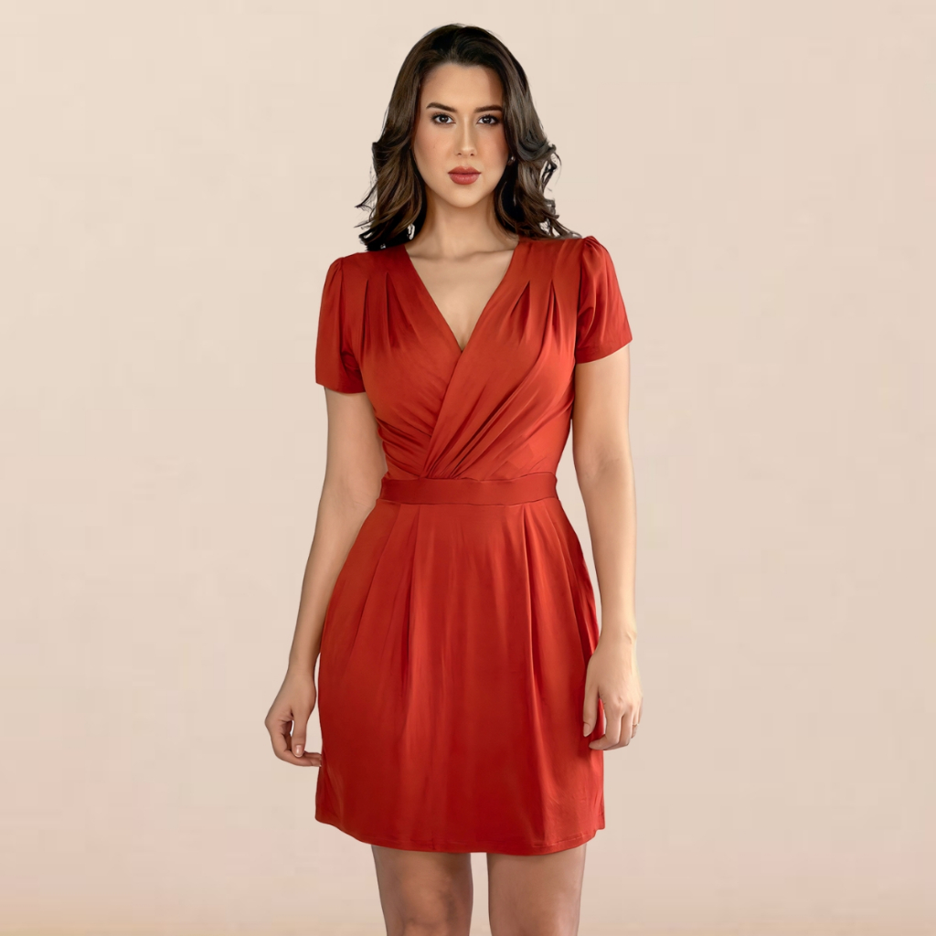 Vestido Curto Decote Transpassado Envelope Soltinho Acinturado Elegante Manga Curta