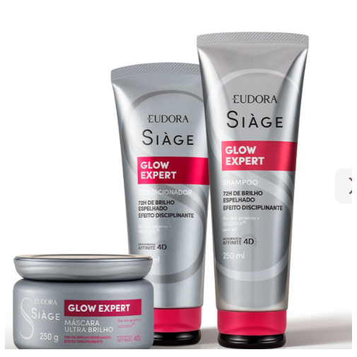 Siàge Glow Expert: Shampoo+Condionador+máscara capilar+Balm Disciplinante da Eudora.