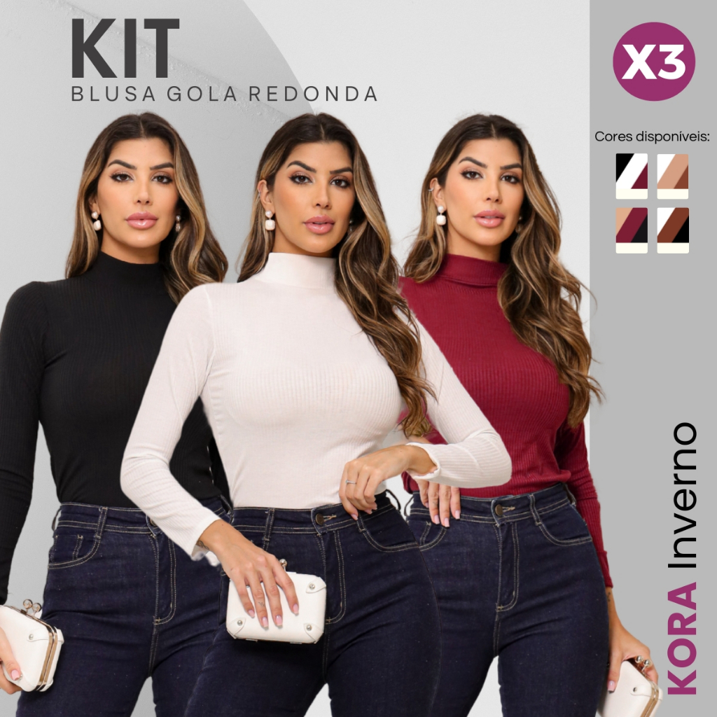 Kit C/ 3 Blusas Femininas Cacharrel Gola Alta Manga Longa Toque Macio Premium