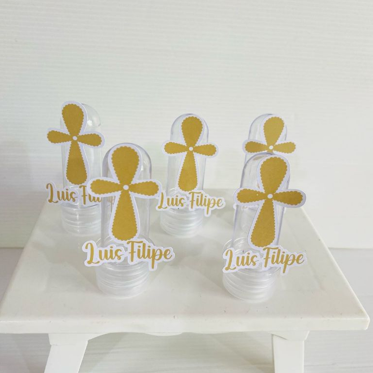 KIT 10/15/20/25 TUBETE 3D PERSONALIZADO BATIZADO DOURADO/ ROSA/ AZUL/lembrancinha batizado menino menina