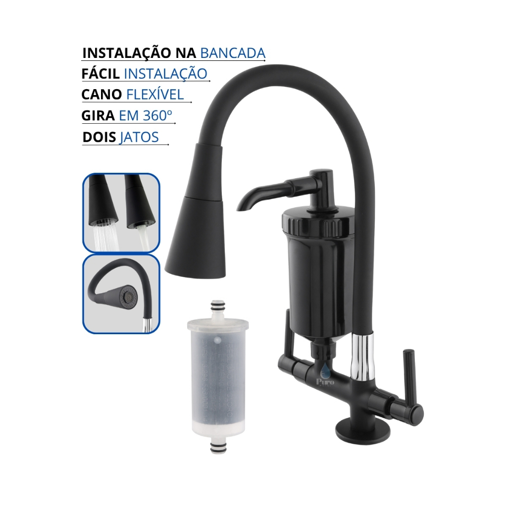 Torneira com Filtro Gourmet Flexível Cozinha Bancada Preta All black c/ Ducha Dois Jatos 1/4 de Volta + Refil