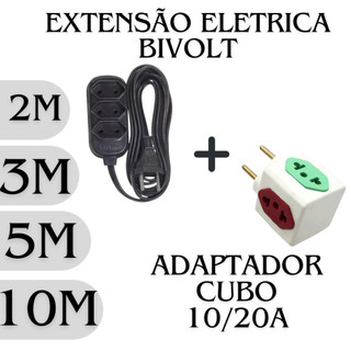 Extensão Elétrica 2m, 3m, 5m e 10 m Kit c/ Adaptador de Tomada Cubo 10/20a