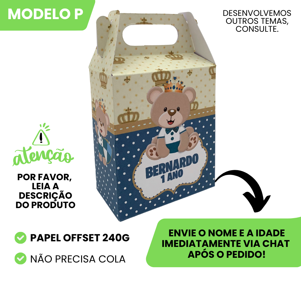 Kit Caixinha Maletinha Surpresa Personalizada Ursinho Príncipe Aniversario Lembrancinha Infantil