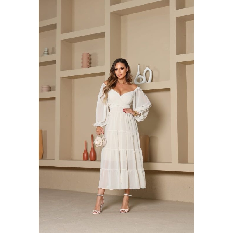 Vestido Marcela, crepe de seda, manga longa,saia 4 Marias, forrado, GolaV (Moda Evang/Moda Feminina