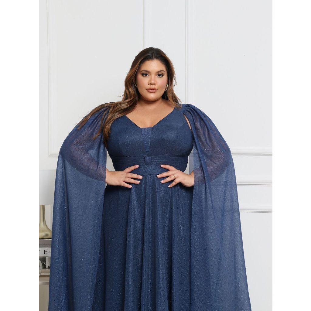 VESTIDO LONGO CAPA PLUS SIZE FESTA MADRINHA CONVIDADA CASAMENTO AZUL MARINHO SEM BRILHO