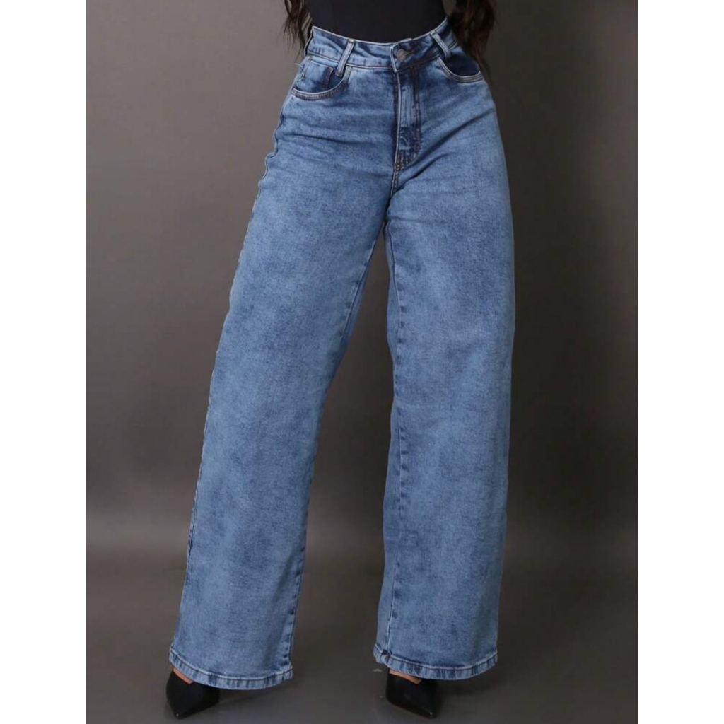 Calça Wide Leg Jeans Feminina Marmorizada Empina Bumbum Premium Cintura Alta