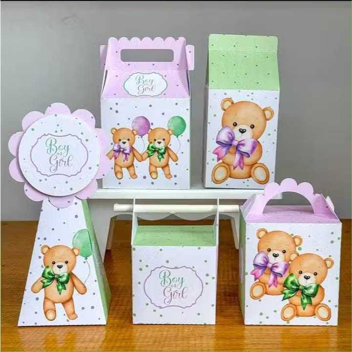 Kit Festa Personalizados Pegue e Monte Tema Chá Revelação Lilás e Verde Lembrancinha Caixinha Aniversário