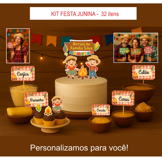 Kit Festa Junina -32 itens -Topo de bolo + Topperotos docinho + Placa Identificadora +  Plaquinha para tirar fotos