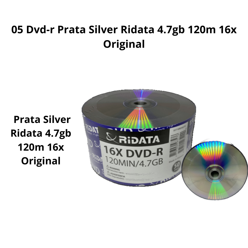 Kit com 5 DVD-R Ridata Prata Silver 4.7GB 120min 16x – Original