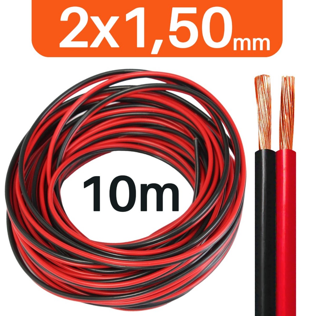 Rolo 10m Cabo Som Automotivo 1,50mm Bicolor Fio Alto Falante Flexível Resistente P/ Instalação Som