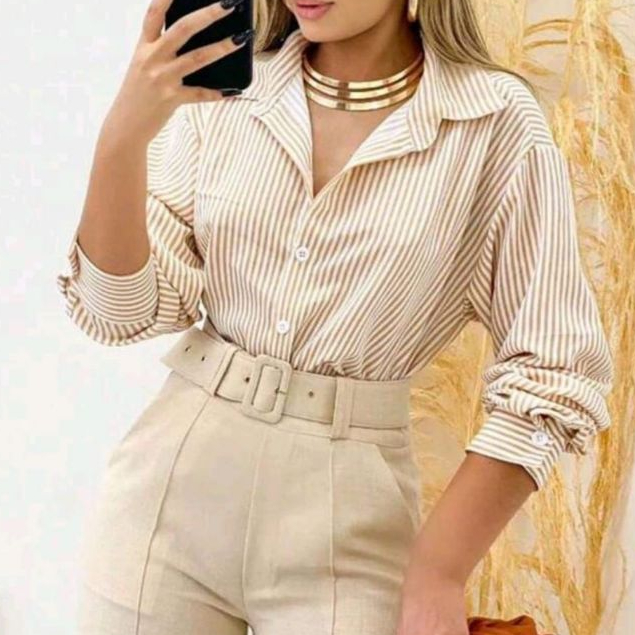 Camisa Listrada Feminina Social Manga Longa e Botões ENVIO IMEDIATO em Oferta na Shopee