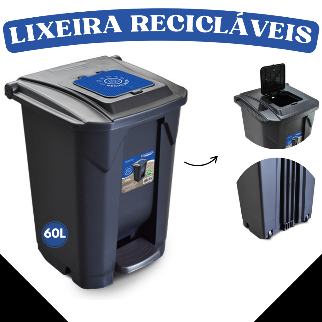 Lixeira Grande 60 Litros Recicláveis Coleta Seletiva Com Rodas - Preta - Área Externa e Interna - TOY 25750/25763 em Oferta na Shopee