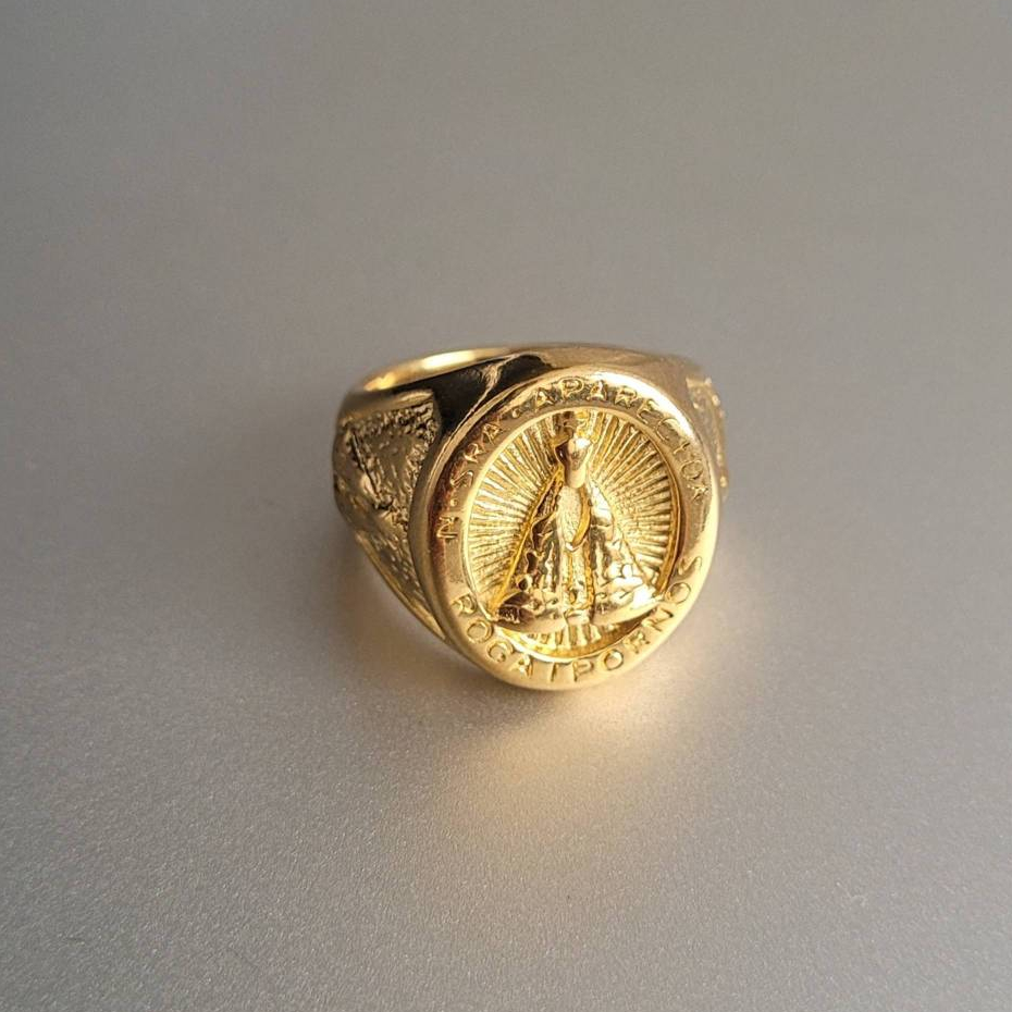 Anel Masculino Dedeira Nossa Senhora Aparecida Dourado de Aço Inoxidável 316L em Oferta na Shopee