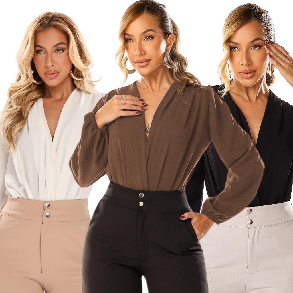 Body transpassado manga longa trabalho casual decote tendência moda blogueira elegante boh...