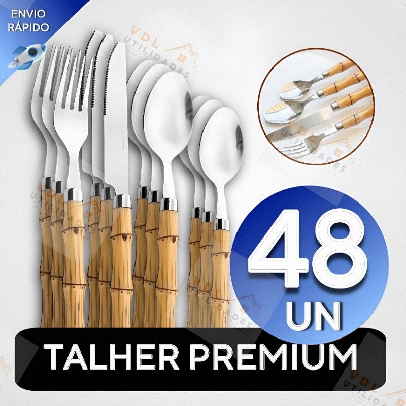 Conjunto Jogo de Talheres 48 Peças Facas Garfos Colher e Colheres de Sobremesa Aço Inox de Cabo Plástico Bambu