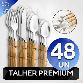 Conjunto Jogo de Talheres Facas Garfos Colher e Colheres de Sobremesa Aço Inox de Cabo Plástico Bambu em Oferta na Shopee