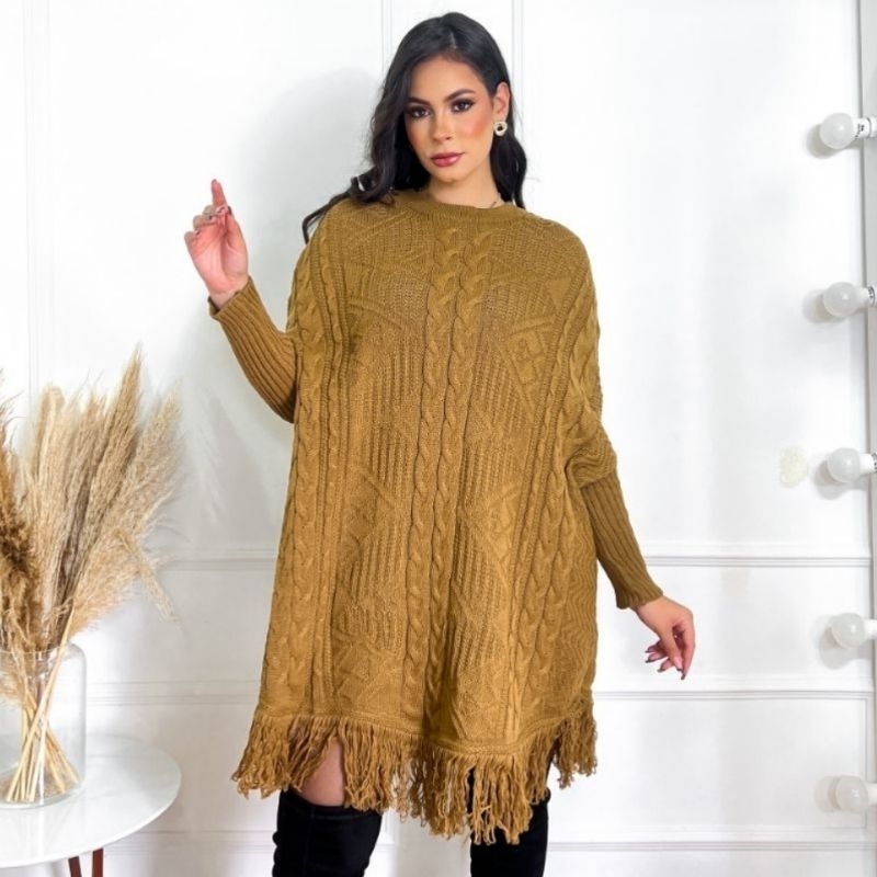 poncho liso trança kimono blusa casaco sobretudo feminino tricot com franjas moda outono/ inverno tricô.