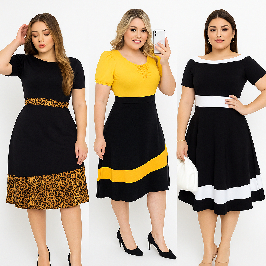 VESTIDOS EVANGÉLICOS PLUS SIZE MIDI AMARELO E PRETO RODADO GODÊ BABADO