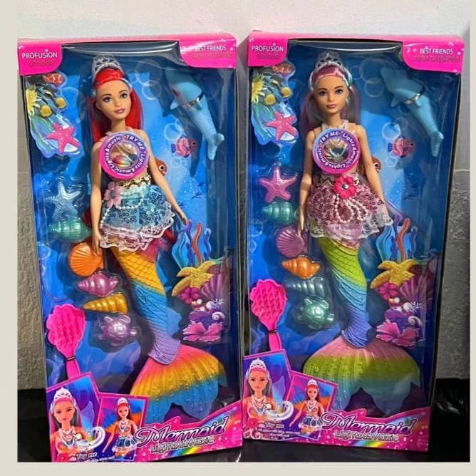 Boneca princesa sereia cauda arco íris com led e musica divertida para criança