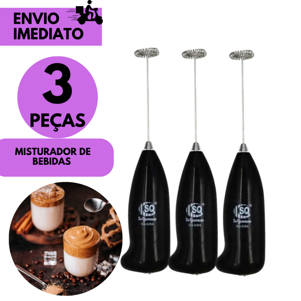 Kits 3 ou 1 Misturador De Bebidas A Pilha Automático Portátil Mixer Bebidas Leite Café Achocolatado