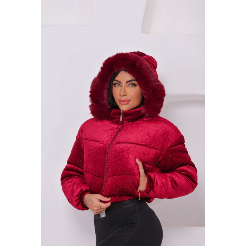 jaqueta puffer feminina tecido Suede toda peluciada por dentro com capuz removível vários cores alta qualidade