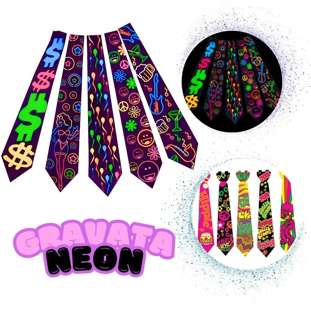 Kit C/10 Gravata Neon Brilha Na Luz Negra Acessórios Kit Festa Neon Balada Diversão