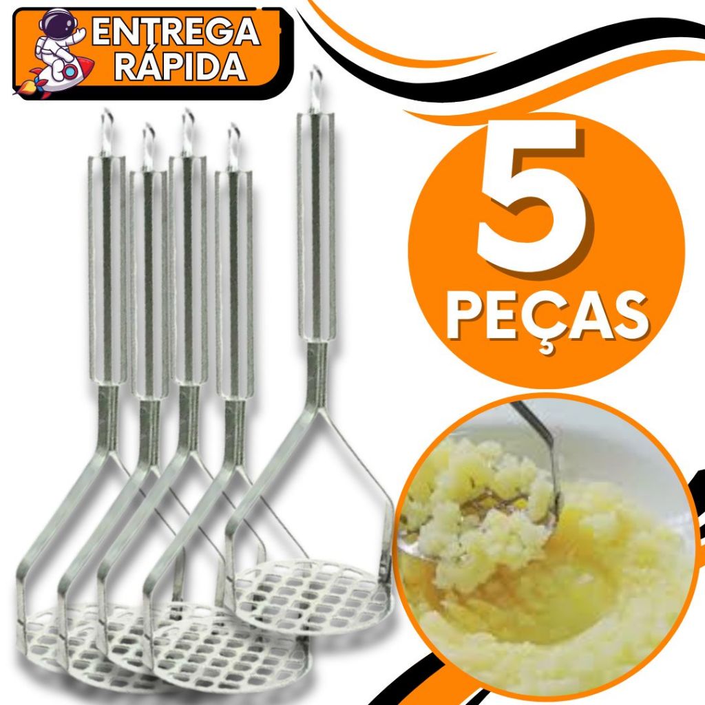 kit 5 Amassador Esmagador triturador de Batata Pure Legumes Frutas Sopinha Utensilio cozinha Aço Inox Premium Resistente
