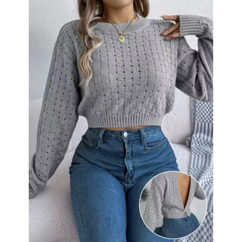 Blusa cropped manga longa detalhe botão costas moda feminina inverno tricot premium
