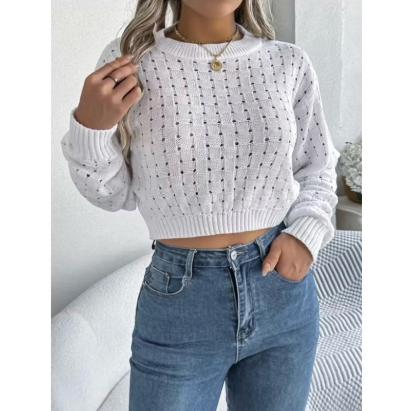 Blusa cropped tricot manga longa abertura nas costas moda casual chic