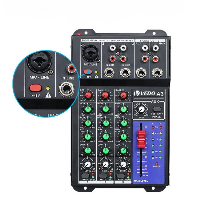 VEDO Console De Mixagem De Som 3 Canais 12V Portátil Profissional Com +48V Phantom Power Para Computador E Carro