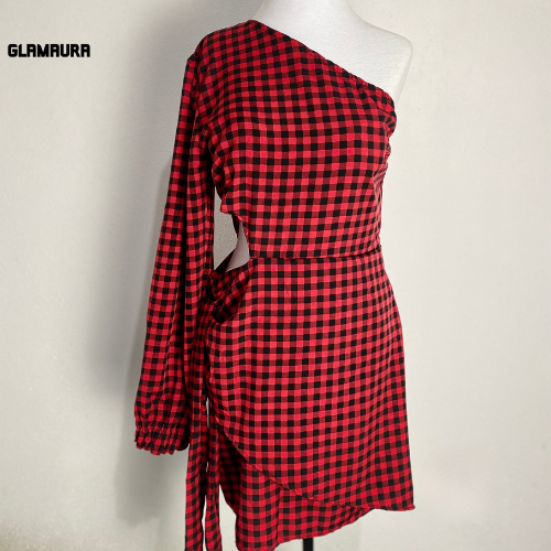 Glamaura Vestido Feminino Mula Manca Xadrez Recorte na Cintura Duna com Saia Corte Envelope