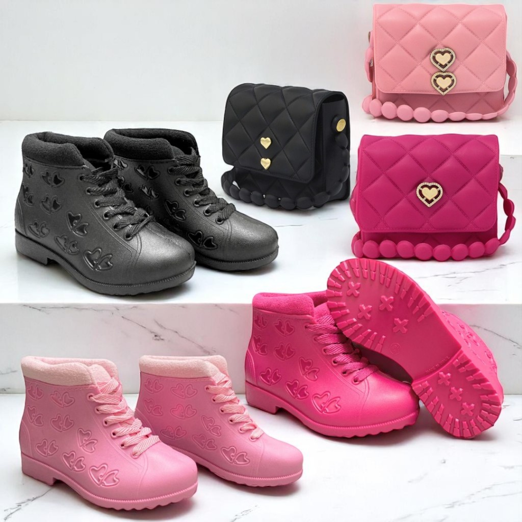 Kit Botinha Coração + Bolsinha Com Alça Casual Infantil Feminina Estilo Coturno Macia e Confortavel N&B Variedades