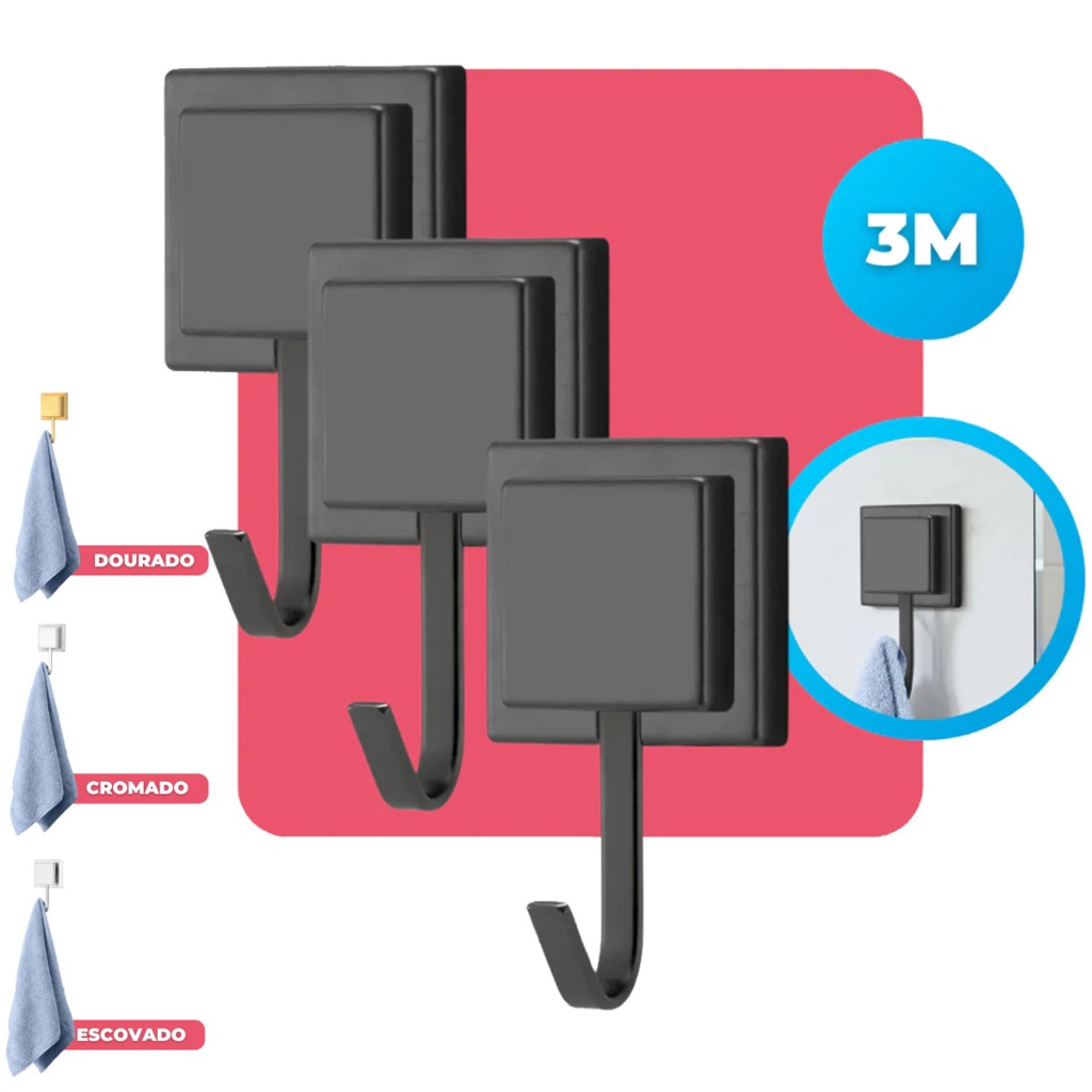 Kit 3 Gancho Cabide Suporte Porta Toalha de Rosto de Parede Banheiro 3M Sem Furo Preto Black Arthi em Oferta na Shopee