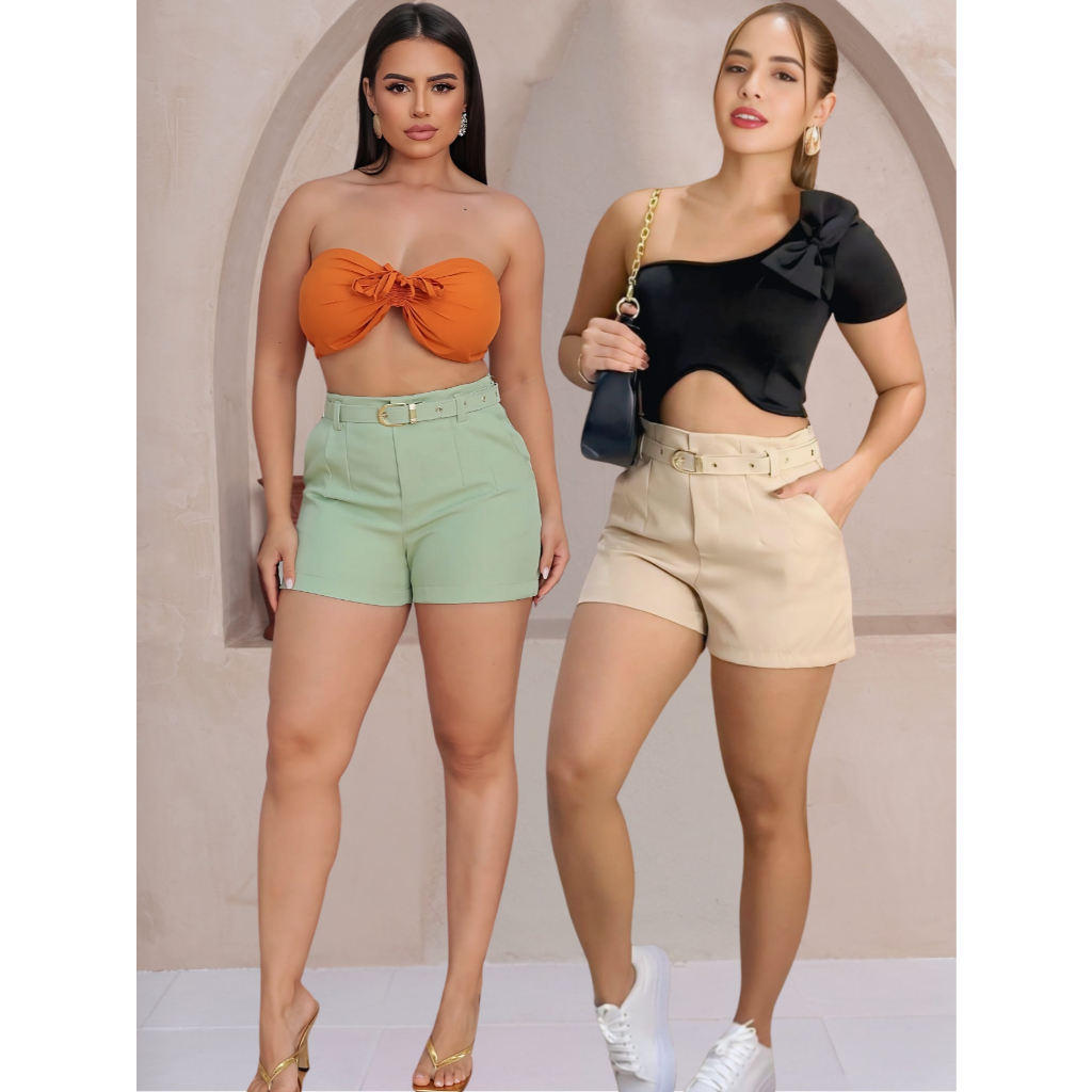 Short Alfaiataria Feminino Social Cintura Alta Com Cinto Encapado Com Bolso ENVIO IMEDIATO