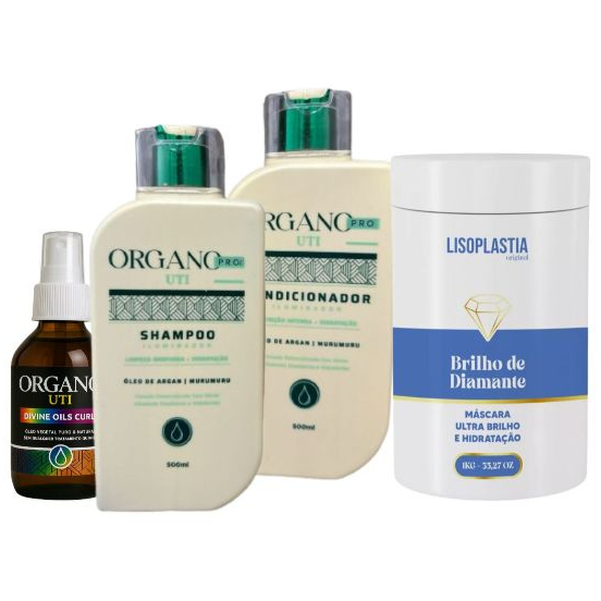 Combo Organo: Shampoo 500ml + Óleo Divine Oils Curls 100ml + Máscara Brilho de Diamante 1kg