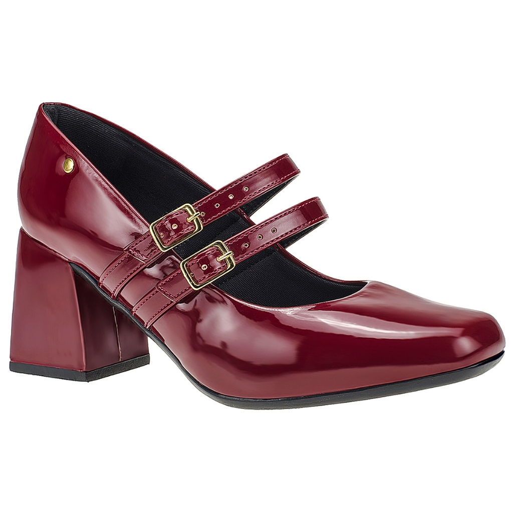 Sapato Scarpin Feminino Boneca com 2 Fivelas Verniz com Brilho Salto Bloco Grosso 2861