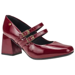 Sapato Scarpin Feminino Boneca com 2 Fivelas Verniz com Brilho Salto Bloco Grosso 2861