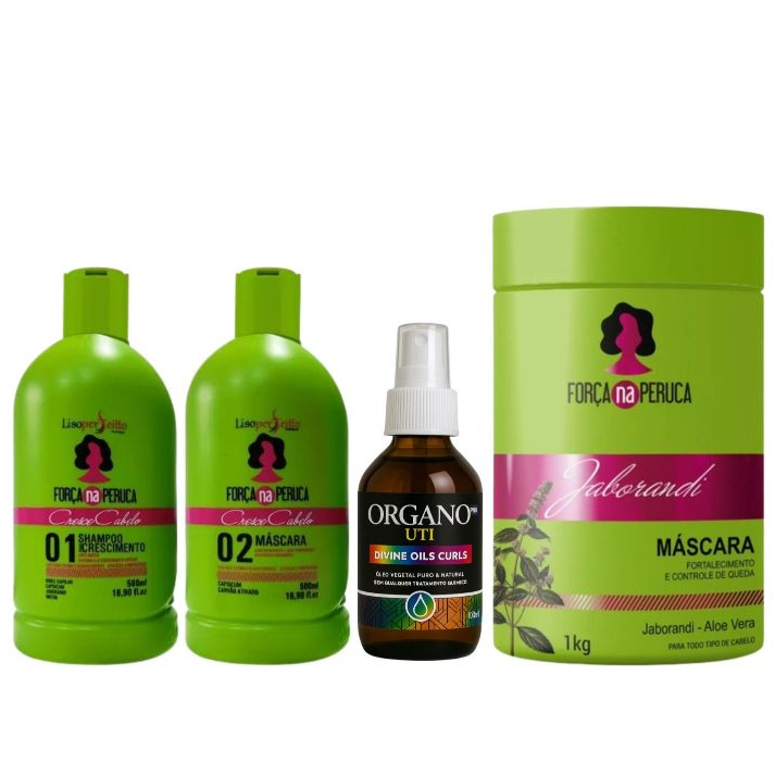 Kit Força Na Peruca 500ml + Óleo Divine Oils Curls 100ml + Máscara Jaborandi 1kg – Brilho e Nutrição