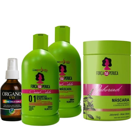 Kit Força Na Peruca 500ml + Óleo Divine Oils Curls 100ml + Máscara Jaborandi 1kg – Hidratação