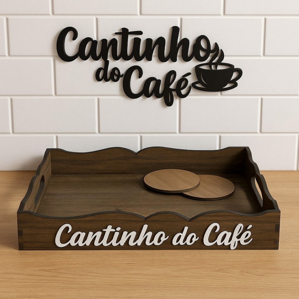 Kit Bandeja Cantinho do Café + Escrita Decorativa + Porta Xícaras Chá Aparador Café da Manhã Tabaco