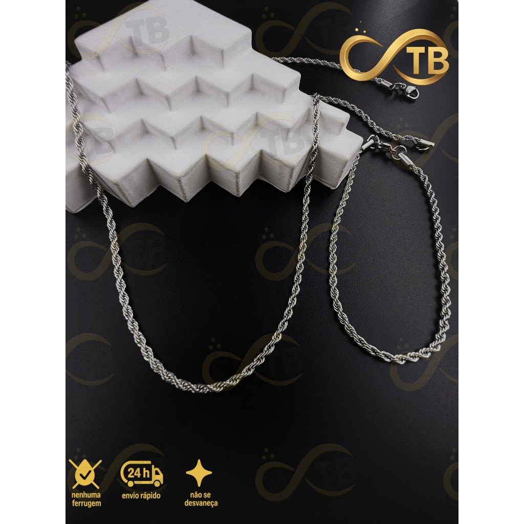 TB Colar KIT conjunto Corrente Pulseira Trançada Baiana em Aço Inoxidável 316L Masculina/Feminina