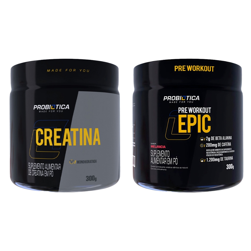 Kit Suplementos Creatina Sem Sabor 300g + Pré Treino Epic - Probiótica - Health