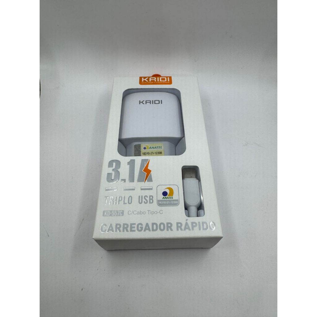 Carregador Turbo Com Cabo Tipo -C  KD-557C.  e   Cabo LIghtning KD- 556A Triplo USB Kaidi 3.1A em Oferta na Shopee