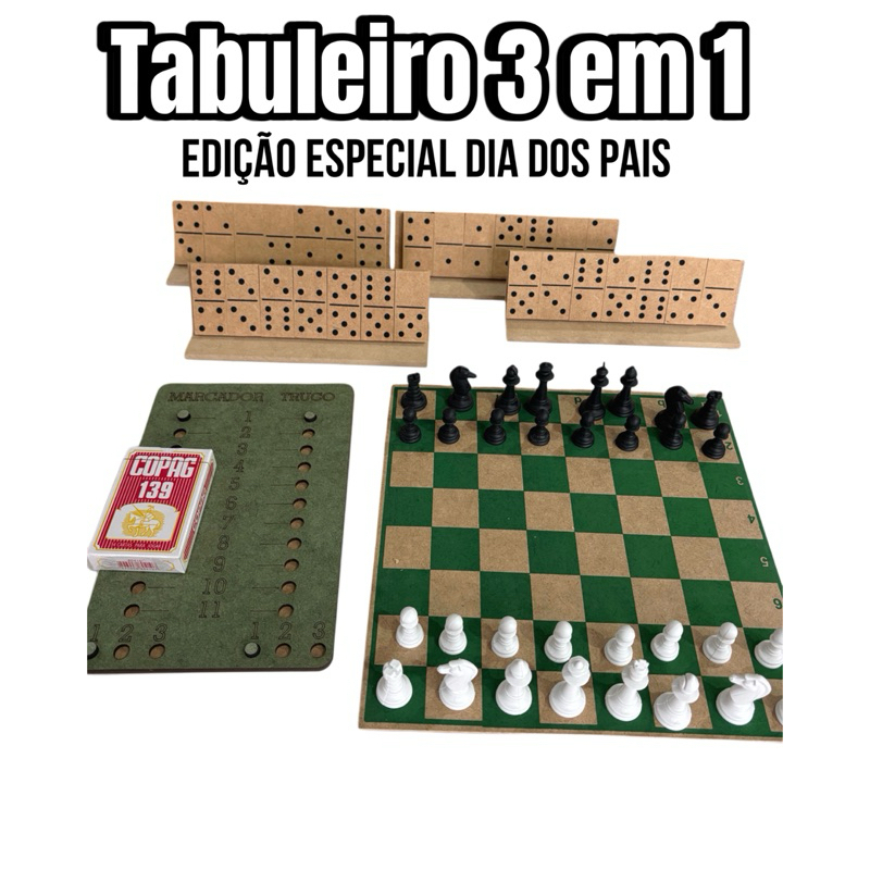 Jogo De Tabuleiro 3 em 1 xadrez, dominó e truco edição especial dia dos pais truco xadrez e dominó com suporte e marcado