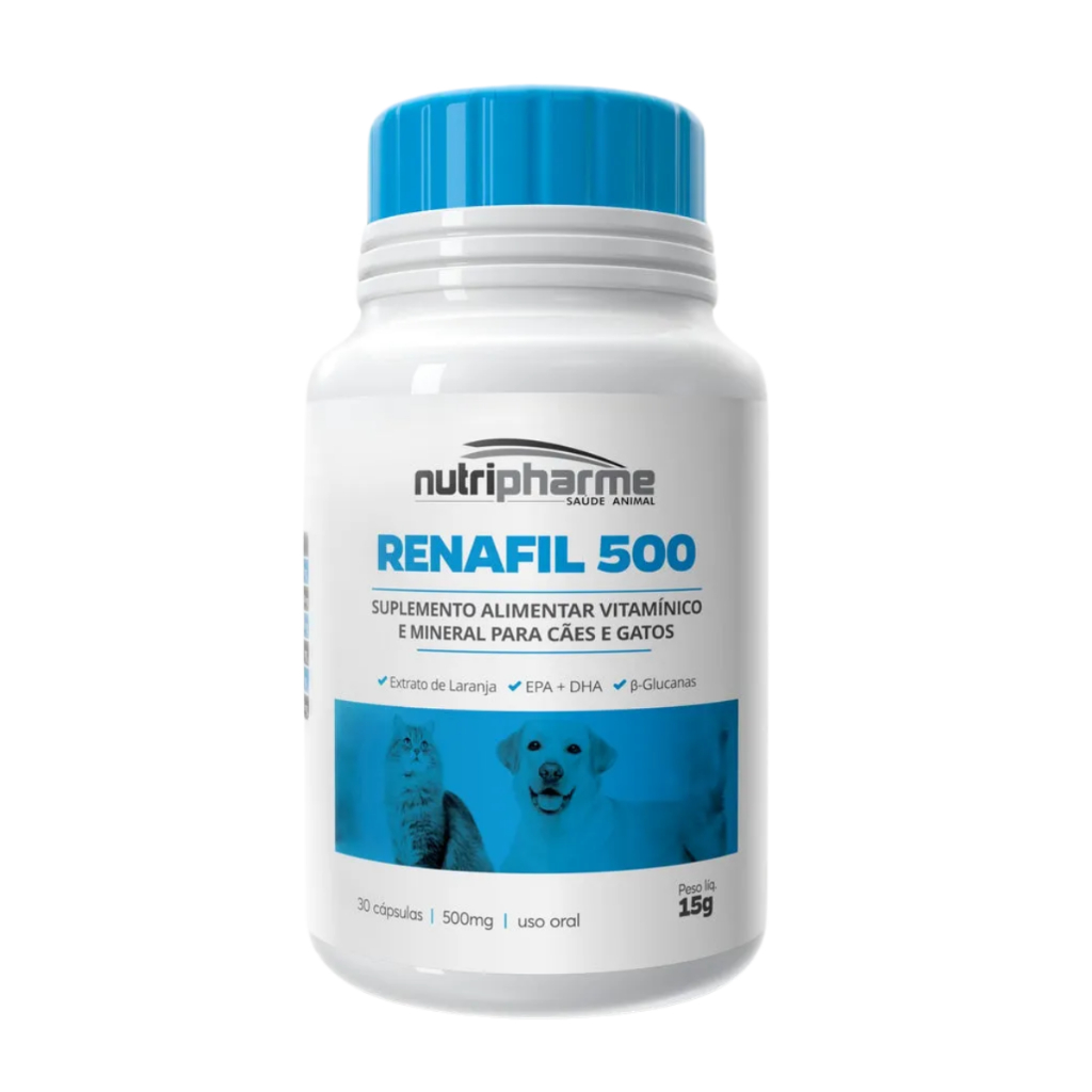 Renafil Suplemento Vitamínico Renal Cães e Gatos Nutripharme 500 30 Cápsulas