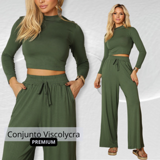 Conjunto Feminino Calça Pantalona Cropped Casual Elegante em Oferta na Shopee