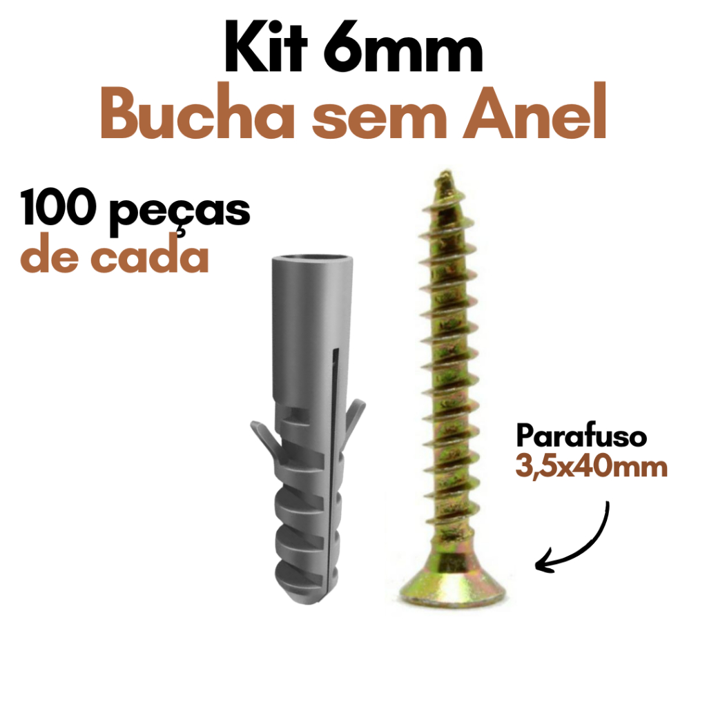 Kit 100 Buchas 6mm com Parafuso 40mm Philips Kit Parafuso e Bucha Sem Anel Aba Fixação Concreto