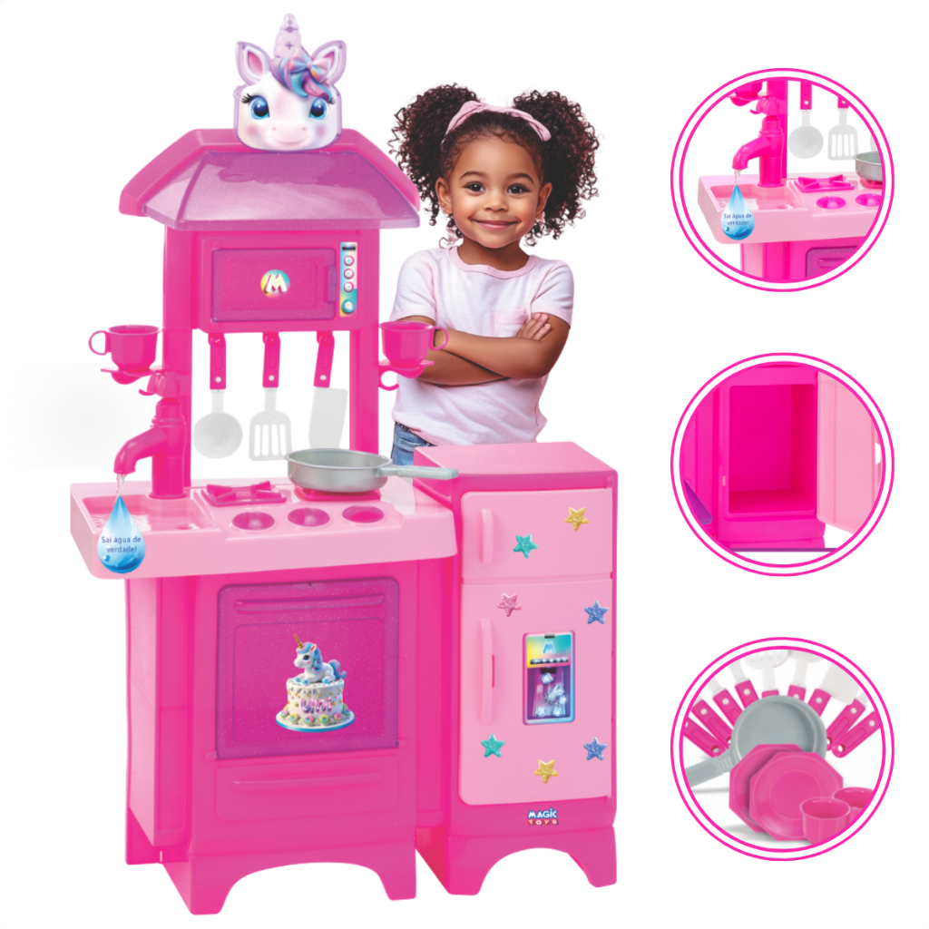 Cozinha Infantil Completa Unicórnio e Pink com Água e Ensaboador Magic Toys - Mom & Baby