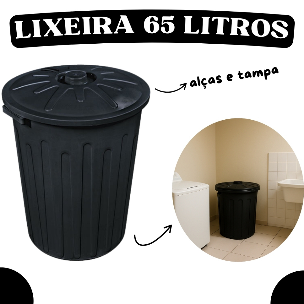 Lixeira Cesto Grande 65 Litros Multiuso - Preto Com Alças e Tampa TOYCF65PT em Oferta na Shopee